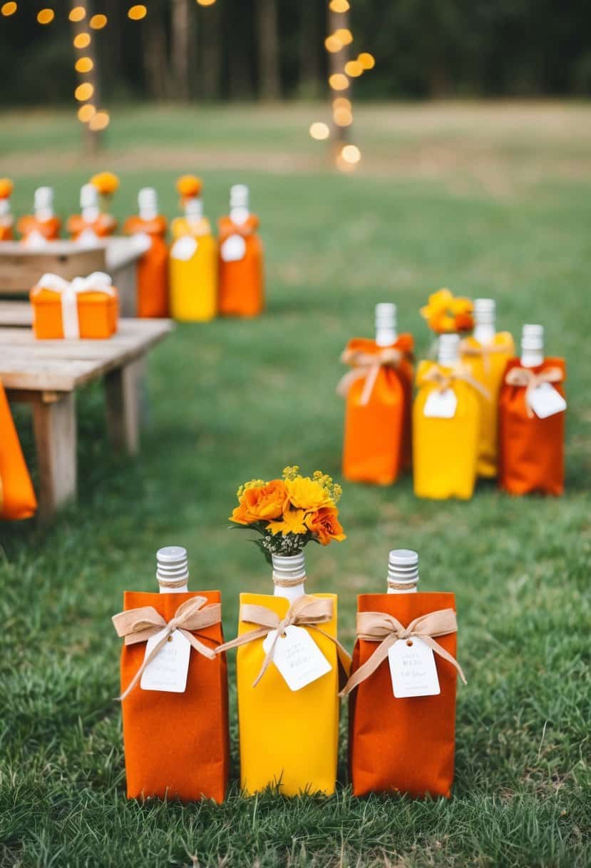 A rustic outdoor wedding setting with rust orange and yellow decor, including bridesmaid gifts in the same color scheme