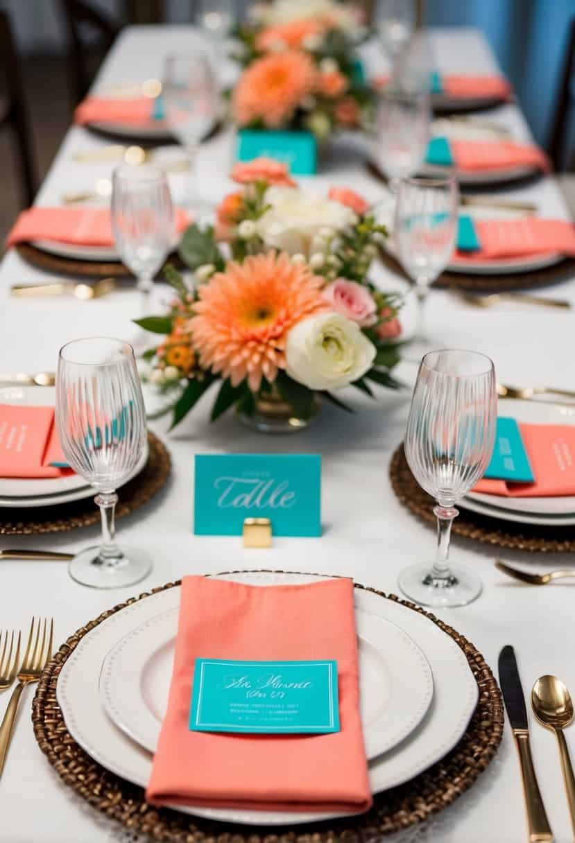 A table set with coral and turquoise place cards, surrounded by floral centerpieces and elegant dinnerware