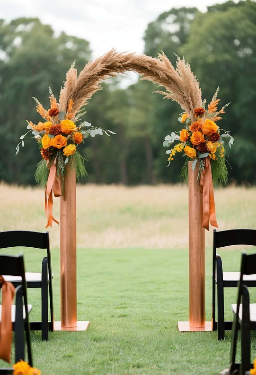A rustic copper ceremony arch adorned with rust orange and yellow flowers and ribbons