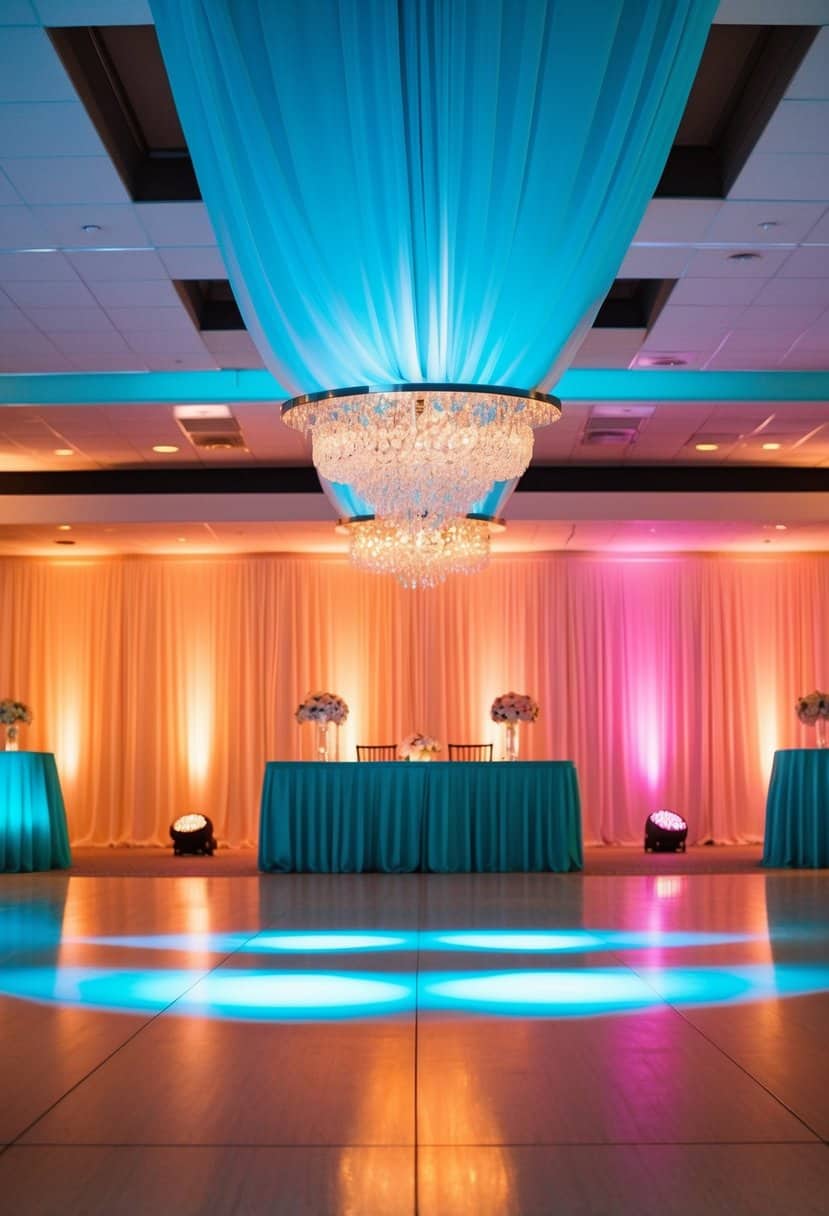 Turquoise and coral lights illuminate a reception hall, casting a colorful and vibrant glow over the space