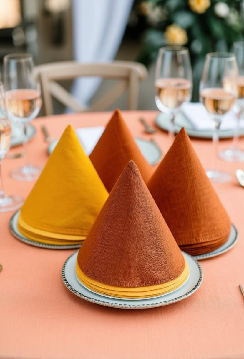 Rust orange and yellow cocktail napkins arranged on a peach-colored table with wedding decor