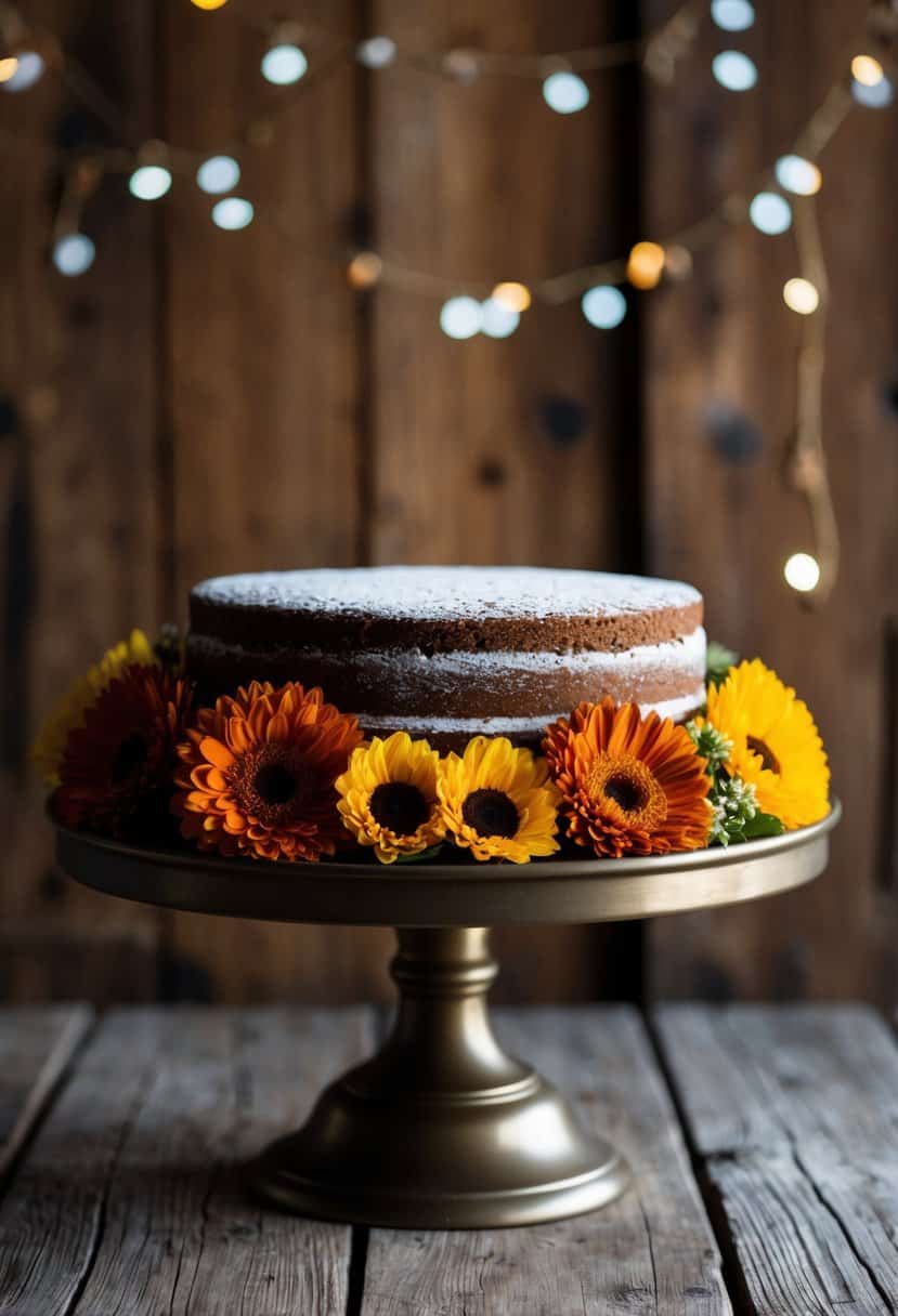 A bronze cake stand adorned with rust orange and yellow flowers, set against a rustic wooden backdrop