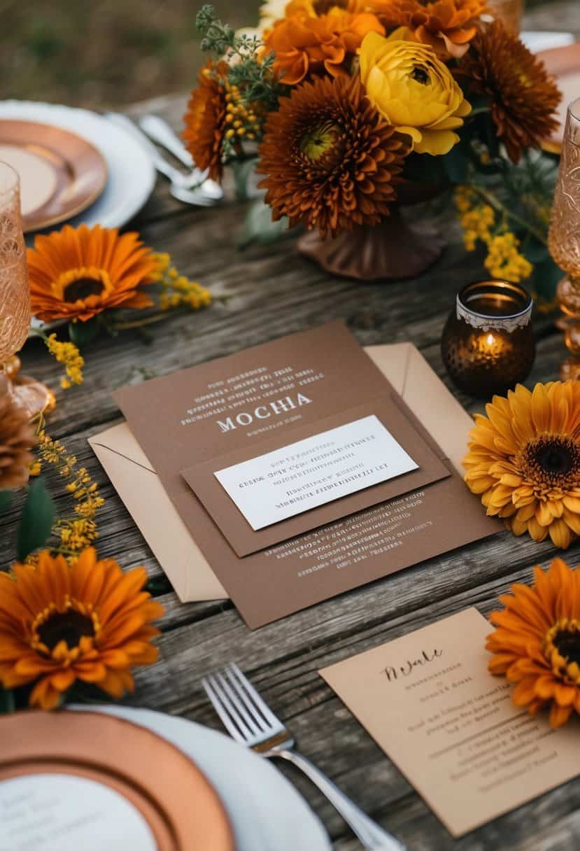 A rustic outdoor wedding setting with mocha-colored invitations, surrounded by rust orange and yellow flowers and decor