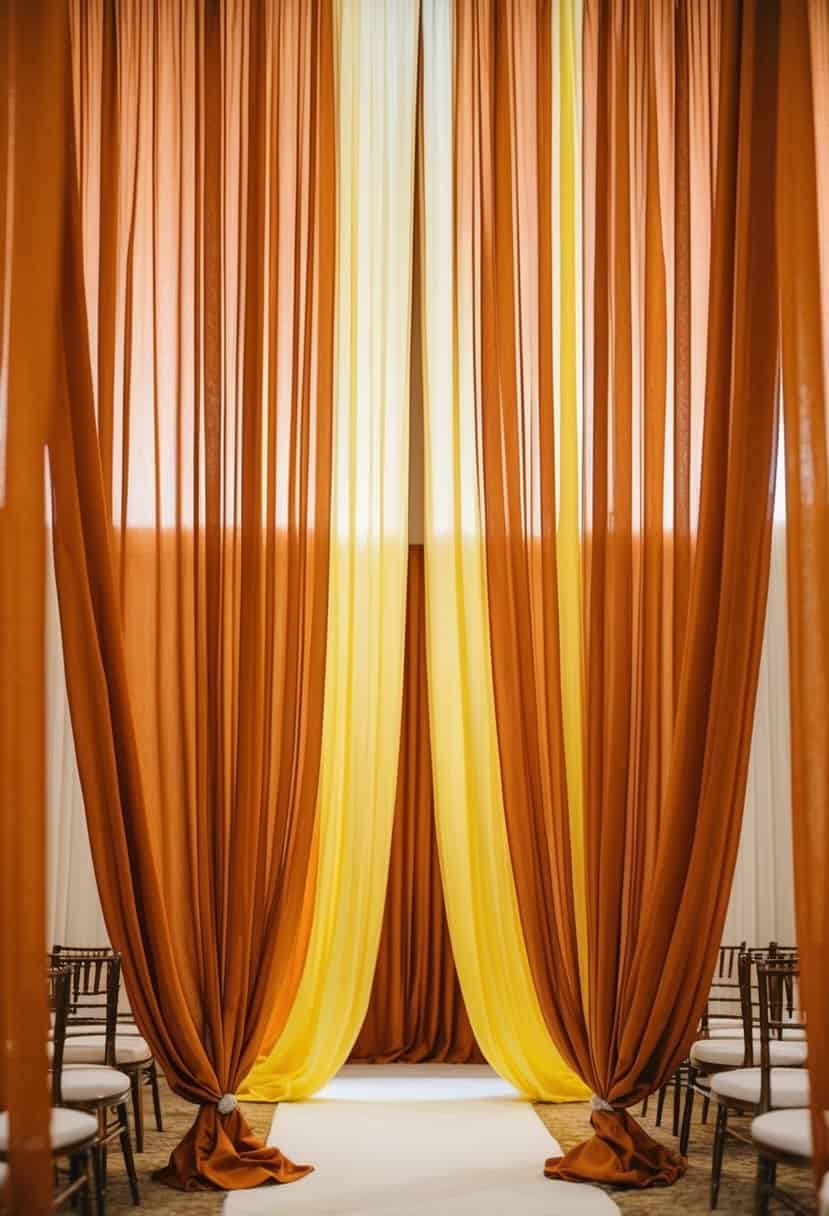 Rust orange and yellow drapery cascading down in an elegant wedding setting, creating a warm and inviting atmosphere