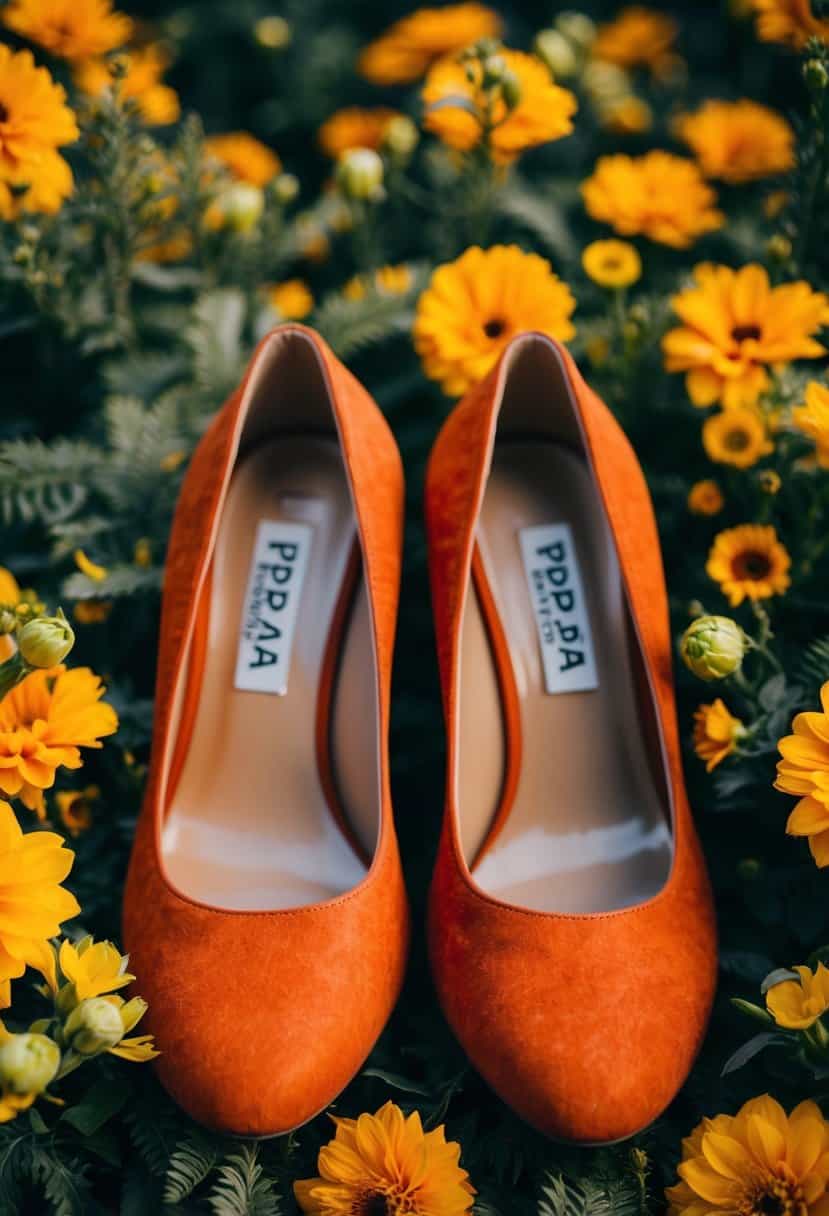 Rust orange papaya bridal shoes surrounded by yellow flowers and foliage