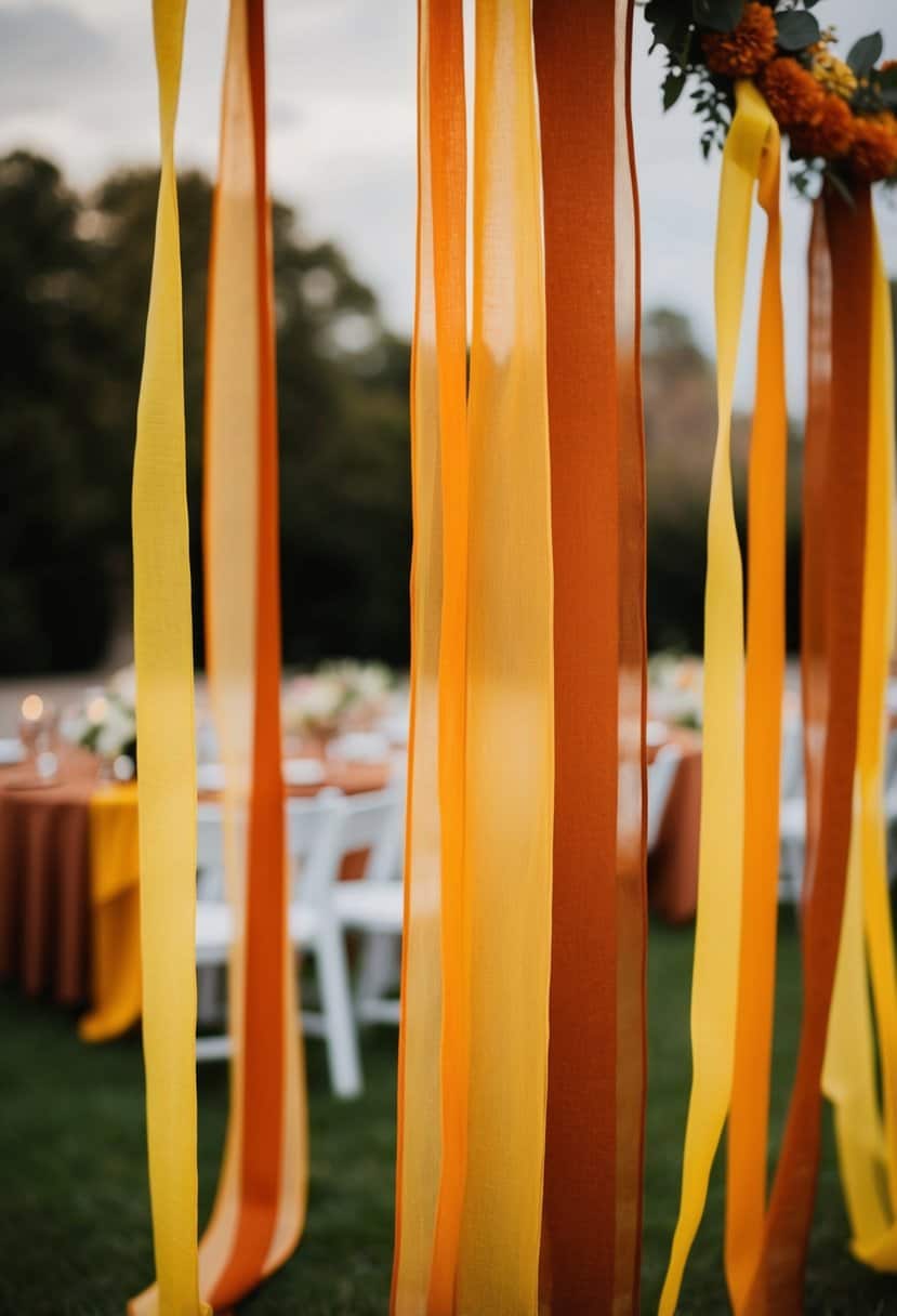 Rust orange and yellow saffron ribbons draped over wedding decorations