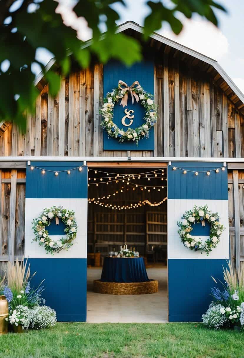A rustic barn adorned with navy blue and gold decor, featuring wildflowers and twinkling string lights