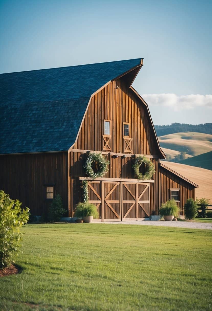 A wooden barn adorned with greenery and brown accents, set against a backdrop of rolling hills and a clear blue sky
