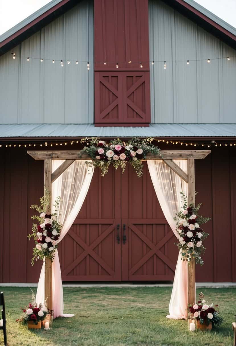 A rustic barn adorned with burgundy and rose gold accents, featuring a wooden arch draped in flowers and twinkling string lights