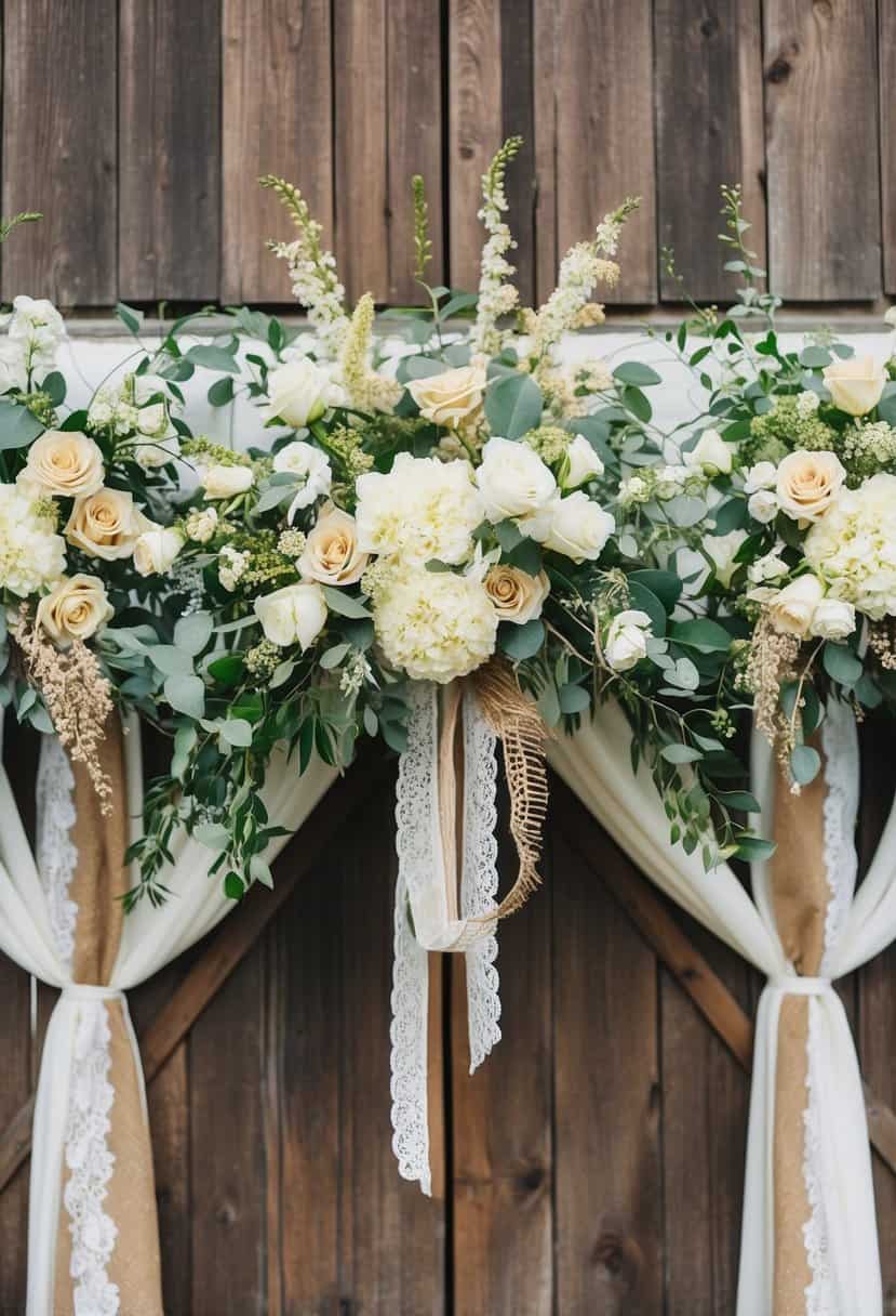 A rustic barn adorned with ivory and champagne flowers, accented with burlap and lace details