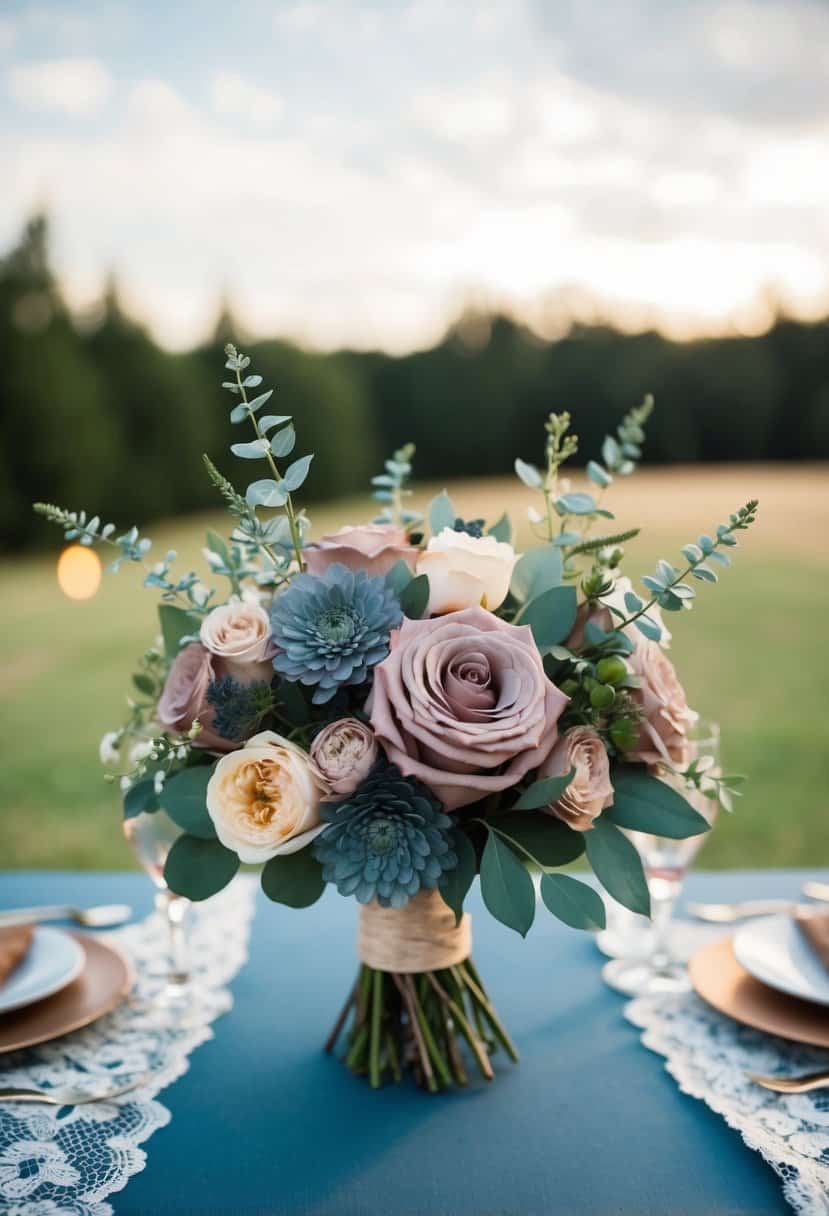 A dusty rose and slate blue wedding scene with rustic floral arrangements and vintage lace accents