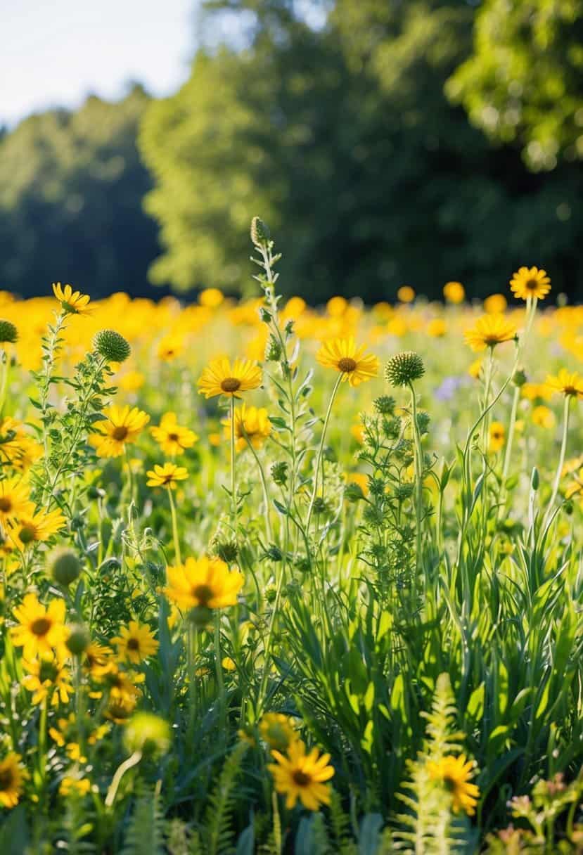 A sunlit meadow with golden wildflowers and lush greenery, accented with mustard yellow and forest green decor
