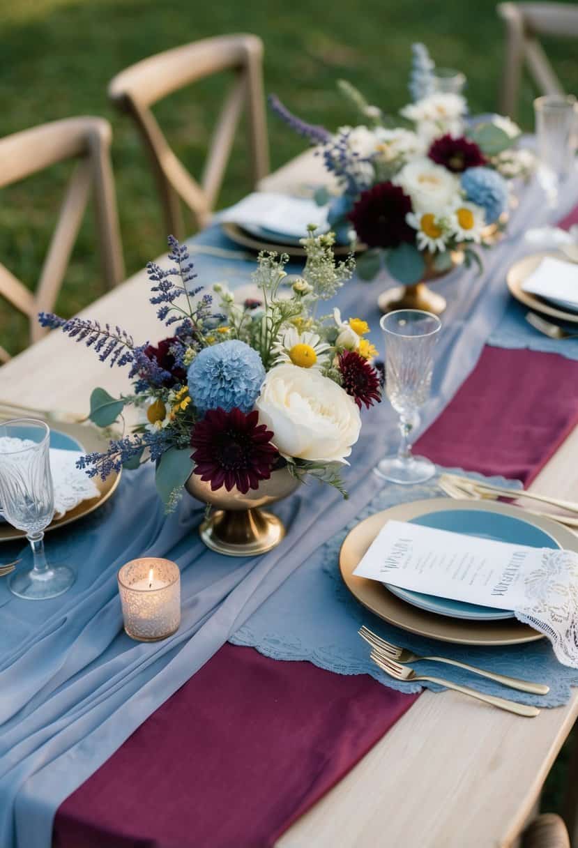 A dusty blue and burgundy wedding table setting with wildflowers and lace accents