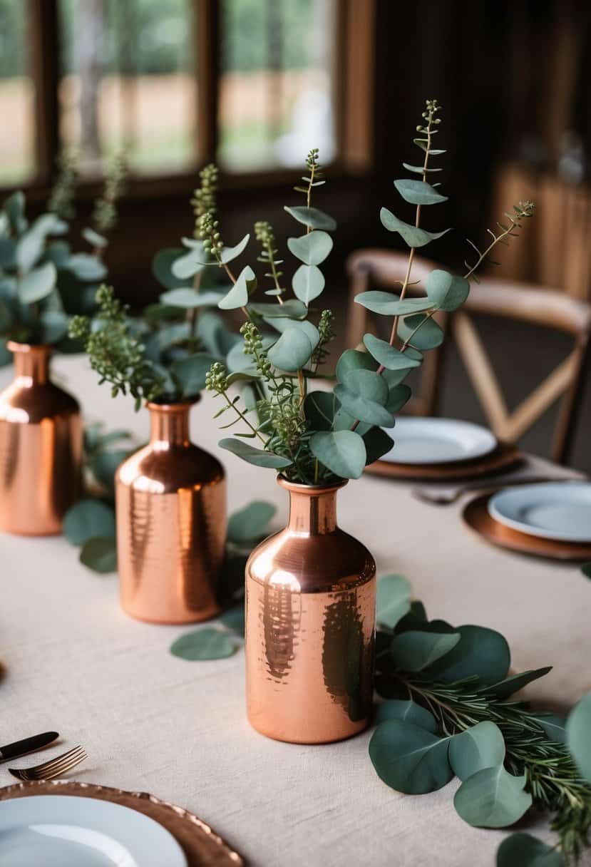 A rustic wedding table adorned with copper vases and eucalyptus green foliage