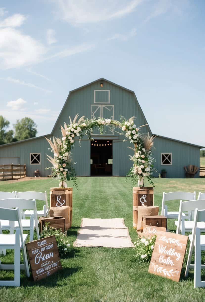 A sage green and cream western wedding: a rustic barn adorned with wildflowers, burlap accents, and wooden signs, under a clear blue sky