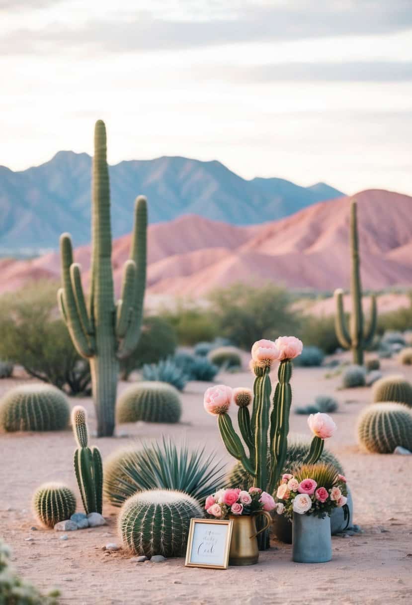 A dusty pink and grey desert landscape with cacti and mountains in the background, adorned with western-themed decor and flowers