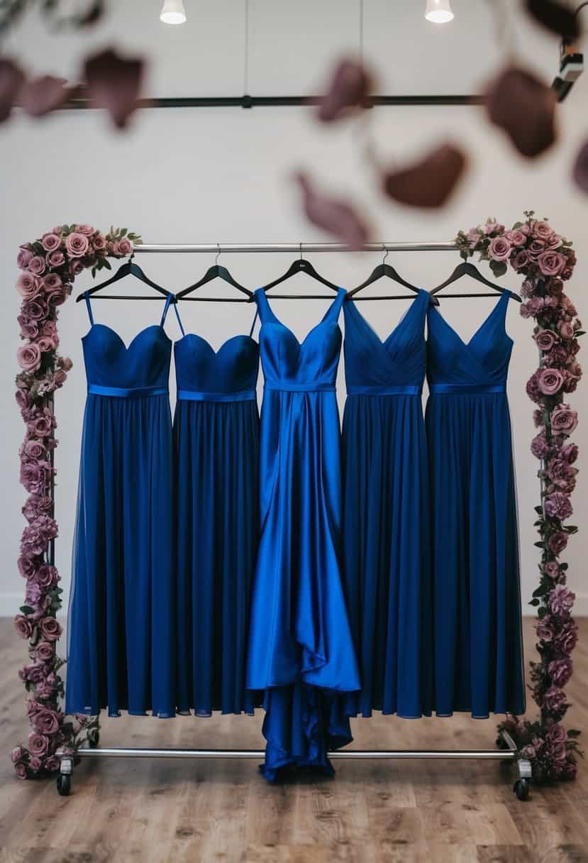A group of royal blue bridesmaid dresses hanging on a rack, surrounded by mauve floral decorations