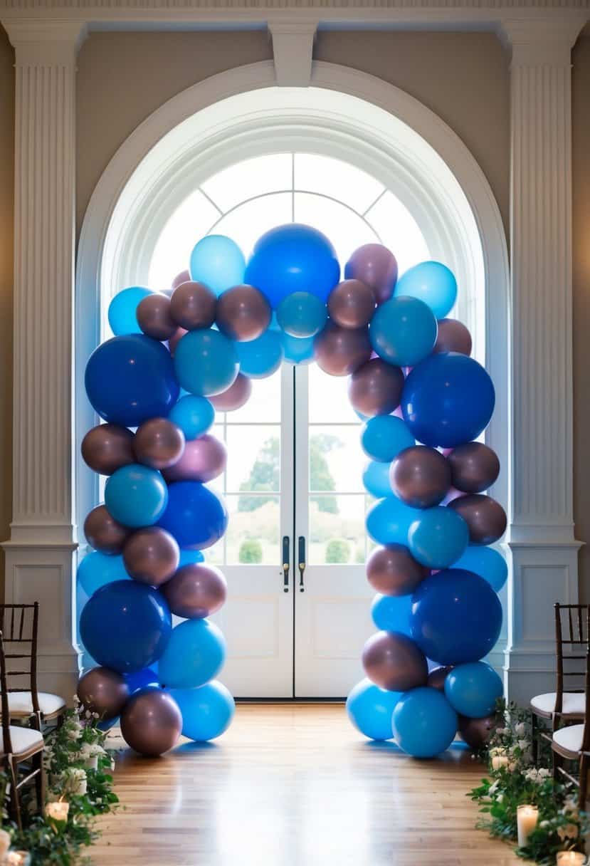 A grand balloon arch in royal blue and mauve, framing a wedding entrance