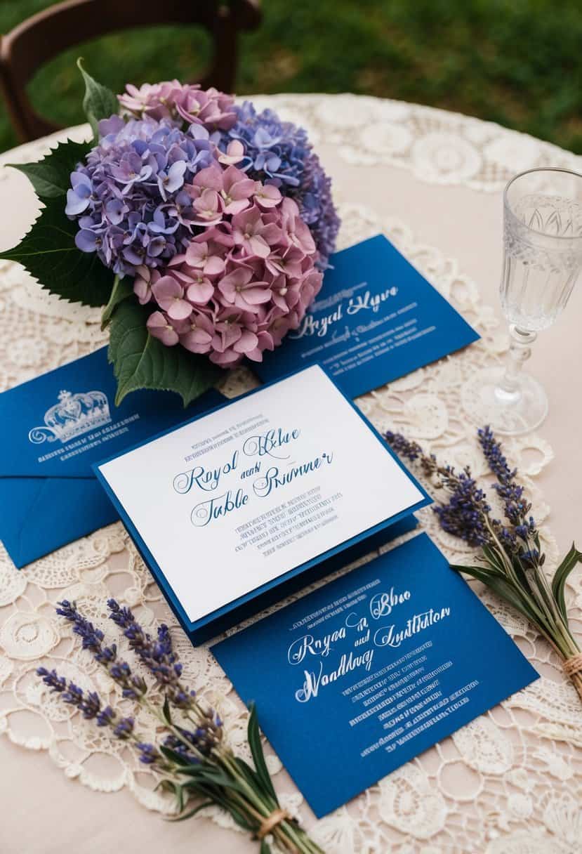 A royal blue and mauve wedding invitation suite displayed on a vintage lace table runner with a bouquet of hydrangeas and lavender sprigs