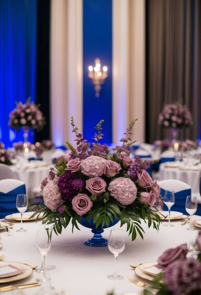 A grand ballroom adorned with elegant mauve flower arrangements, set against a backdrop of regal royal blue accents