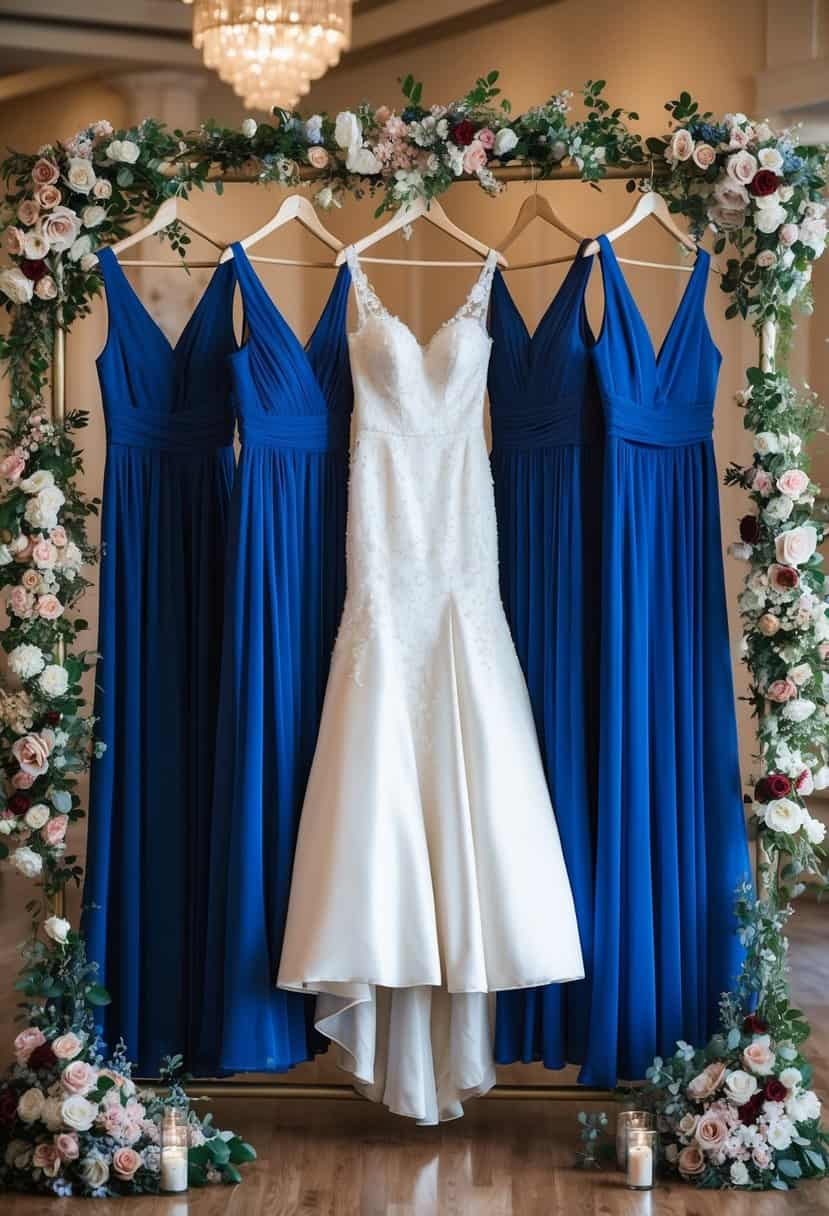 A group of royal blue bridesmaid dresses hanging on a clothing rack, surrounded by elegant floral arrangements and decorative wedding accessories