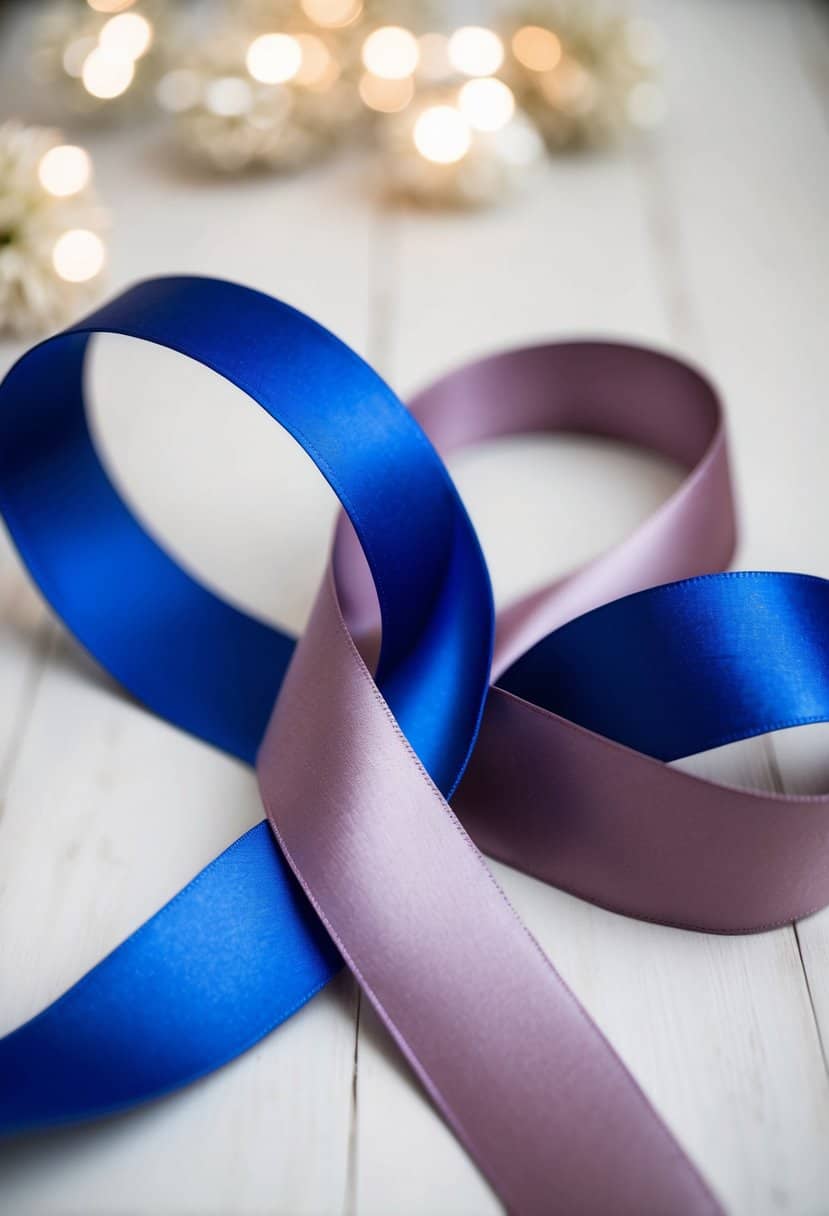 A royal blue satin ribbon intertwined with a soft mauve ribbon, creating an elegant and romantic color palette for a wedding