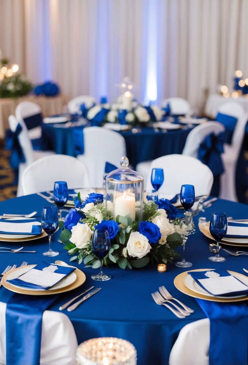 A table adorned with navy and royal blue centerpieces, adding an elegant touch to a royal blue themed wedding
