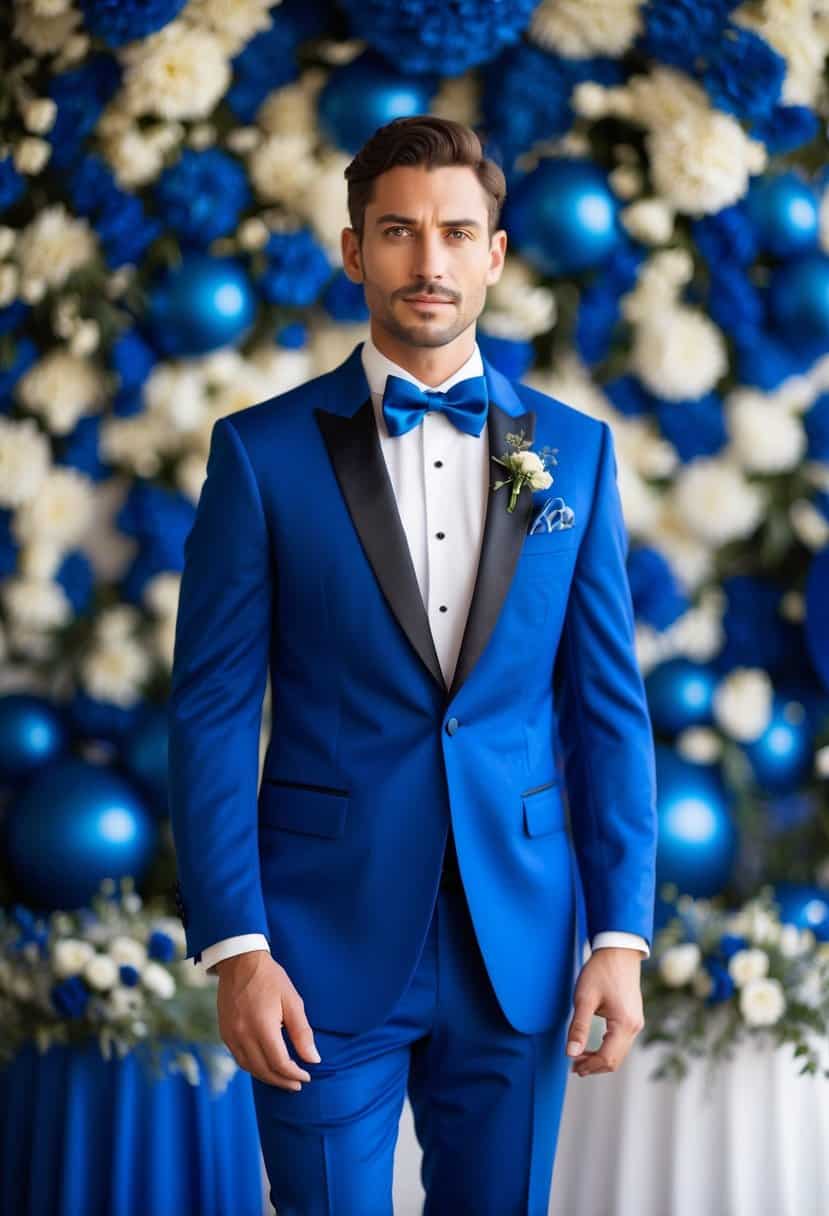 A royal blue tuxedo jacket with matching bowtie and pocket square, set against a backdrop of royal blue wedding decor and flowers