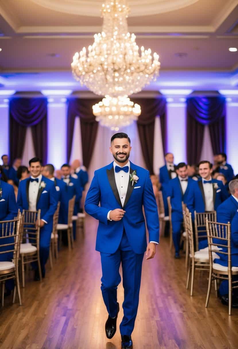 A grand ballroom adorned with royal blue tuxedos and mauve accents, set for a lavish wedding celebration
