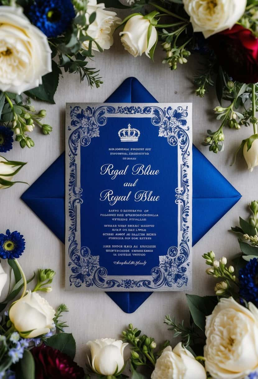 A regal royal blue and silver wedding invitation surrounded by elegant floral arrangements