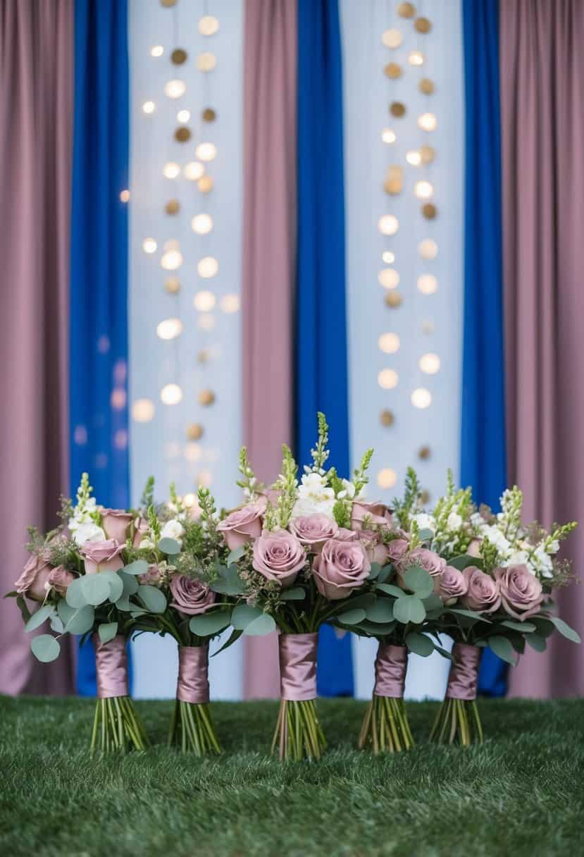 A group of mauve bridesmaid bouquets arranged against a backdrop of royal blue and mauve wedding decor