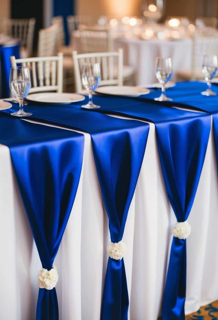 A royal blue satin table runner drapes elegantly over a crisp white tablecloth, adding a touch of regal sophistication to the wedding decor