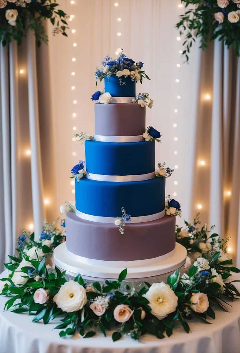 A grand wedding cake in royal blue and mauve, surrounded by elegant floral arrangements and twinkling fairy lights