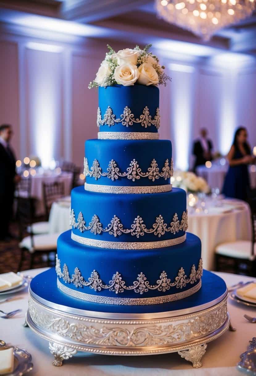 A royal blue wedding cake adorned with intricate silver detailing stands as the centerpiece of an elegant reception