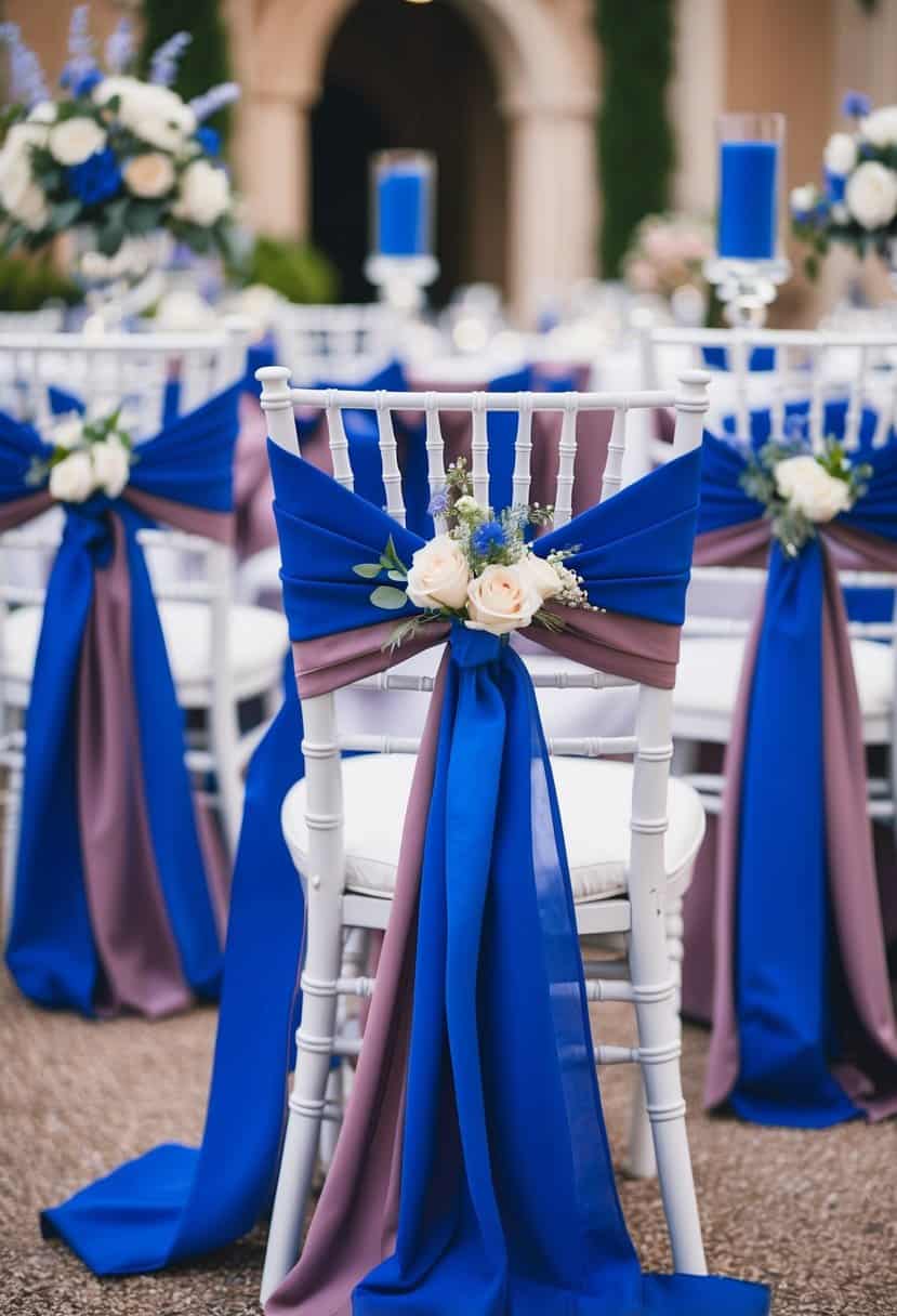 A royal blue and mauve wedding scene with sash belts draped over elegant chairs and incorporated into floral arrangements