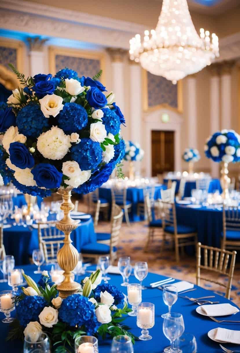 A grand ballroom adorned with royal blue and white flower arrangements, creating an elegant and regal atmosphere for a royal blue-themed wedding