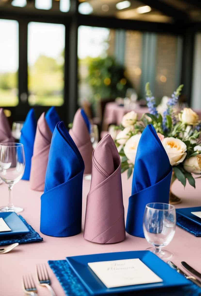 Royal blue napkin holders arranged on a table with coordinating mauve table linens and floral centerpieces