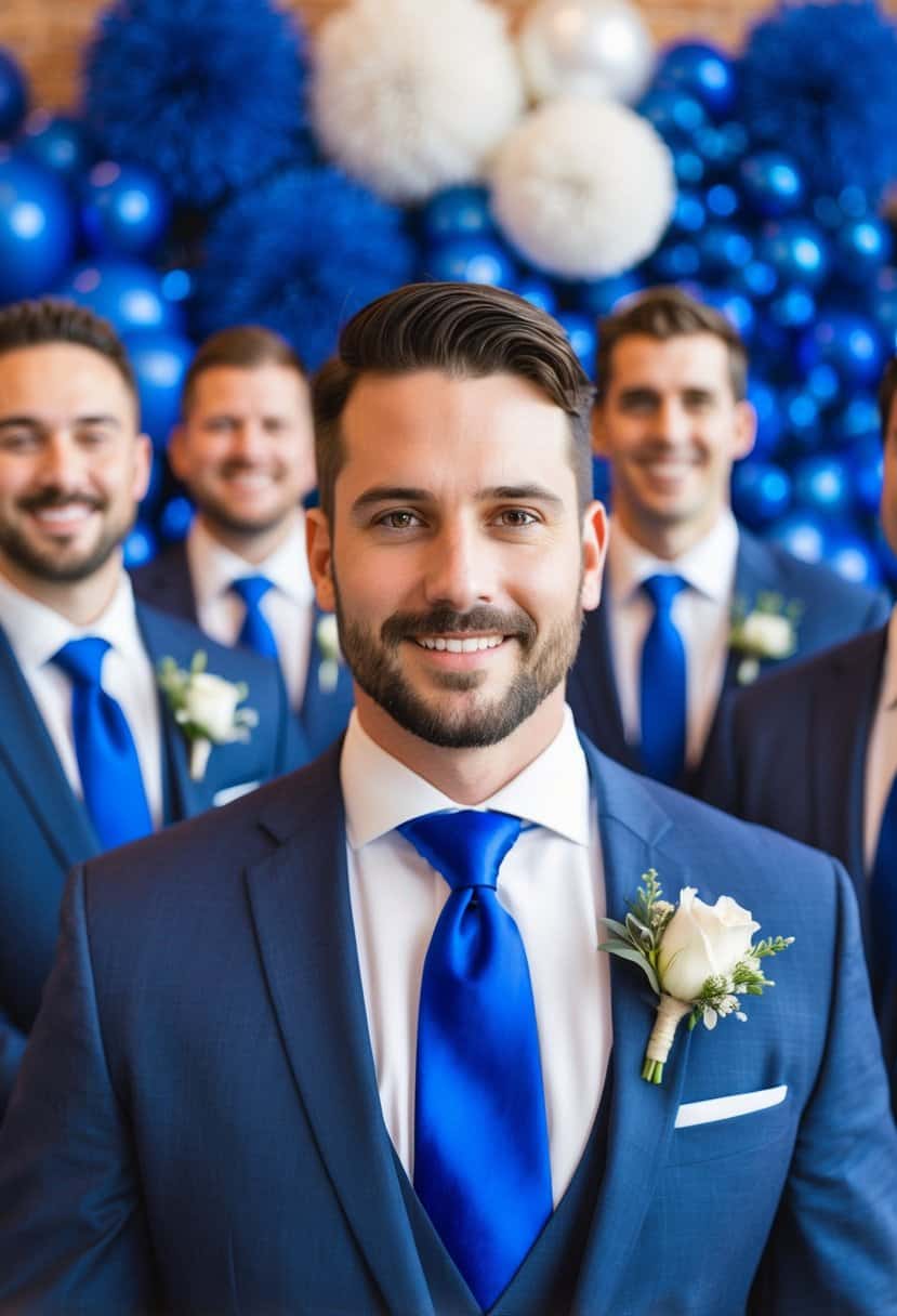 A group of groomsmen wearing royal blue neckties against a backdrop of royal blue wedding decor