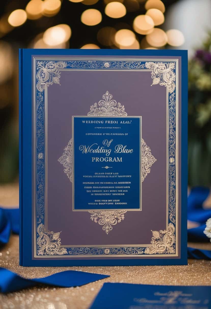 A regal wedding program in shades of royal blue and mauve, adorned with elegant designs and intricate details