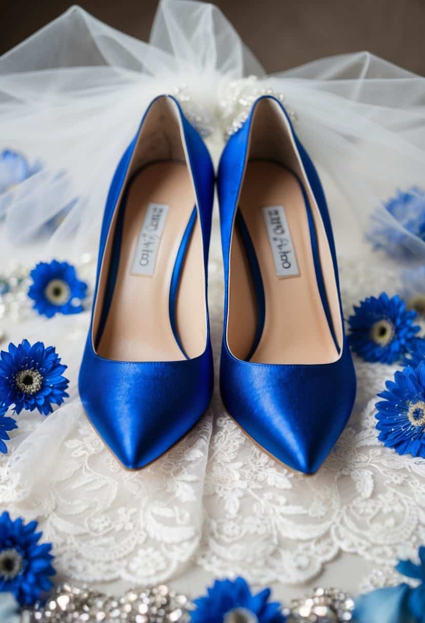 A pair of royal blue heels placed on a white lace wedding veil, surrounded by delicate blue flowers and shimmering silver accents