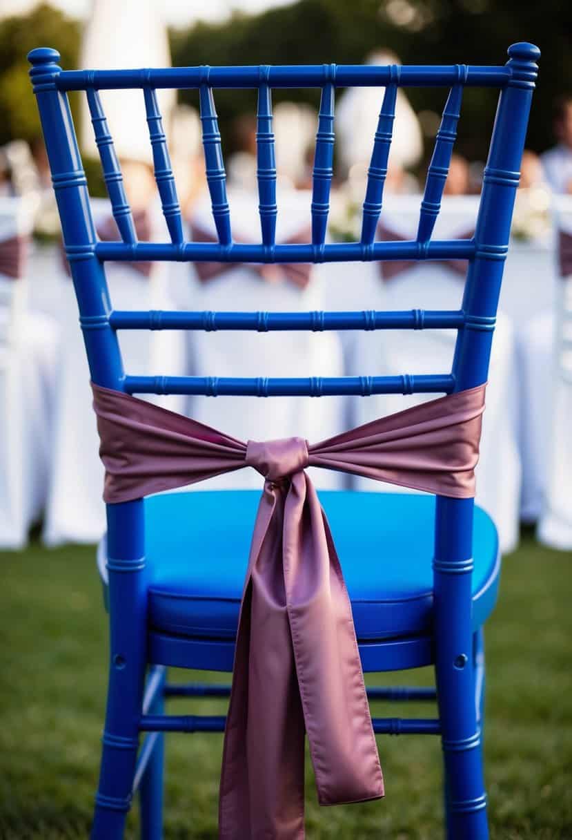 A royal blue chair with a mauve sash tied in a bow