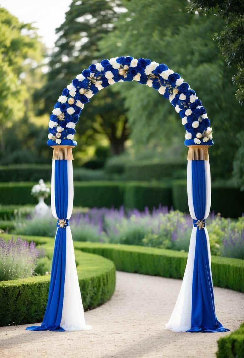 A grand wedding arch adorned with royal blue and gold accents stands in a lush garden setting