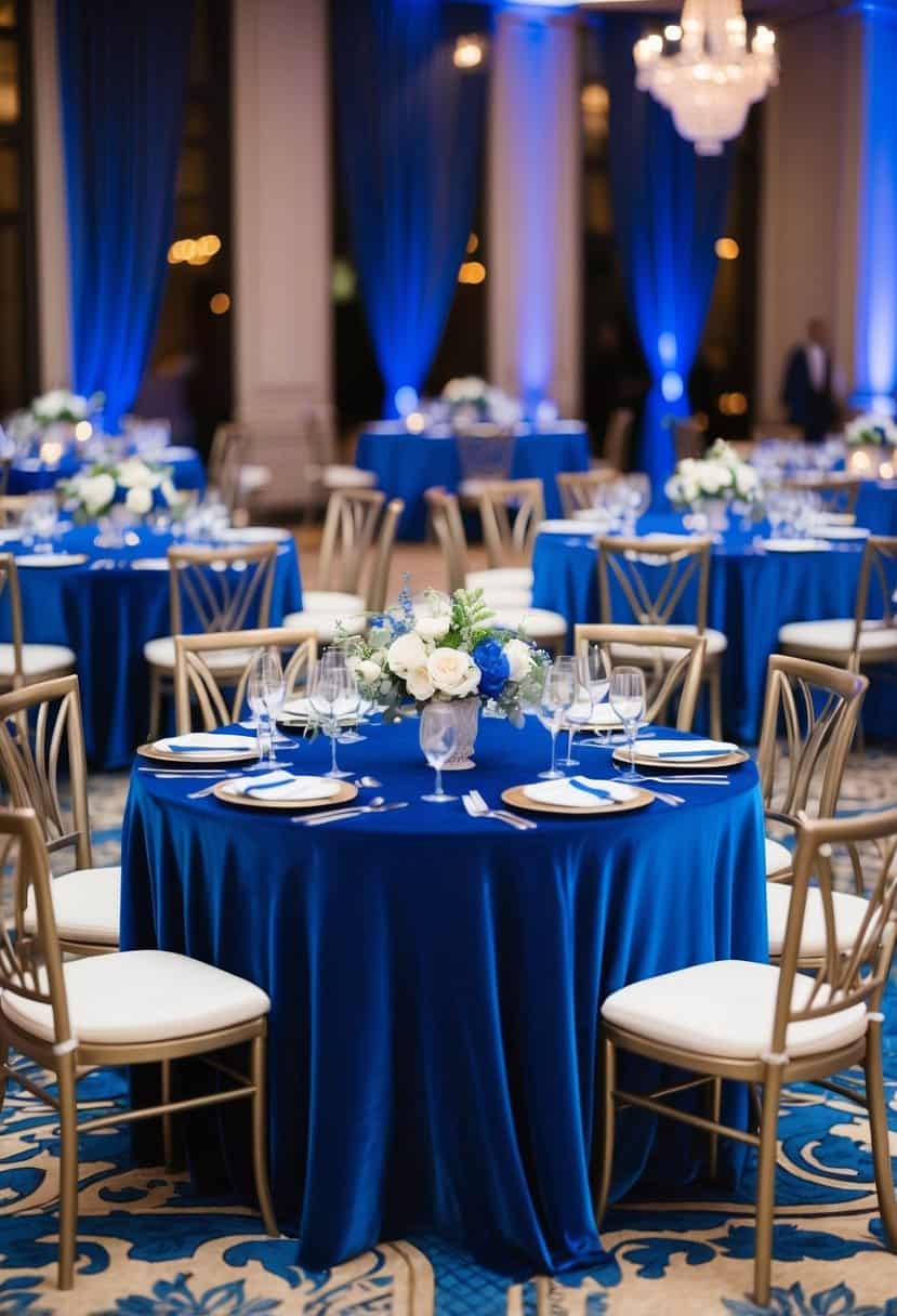 Royal blue velvet tablecloths draped over elegant dining tables at a royal blue-themed wedding reception