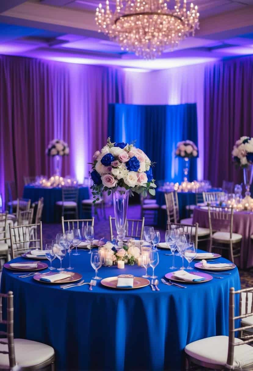 A royal blue and mauve wedding reception bathed in soft mauve lighting, with elegant decor and floral arrangements in coordinating colors
