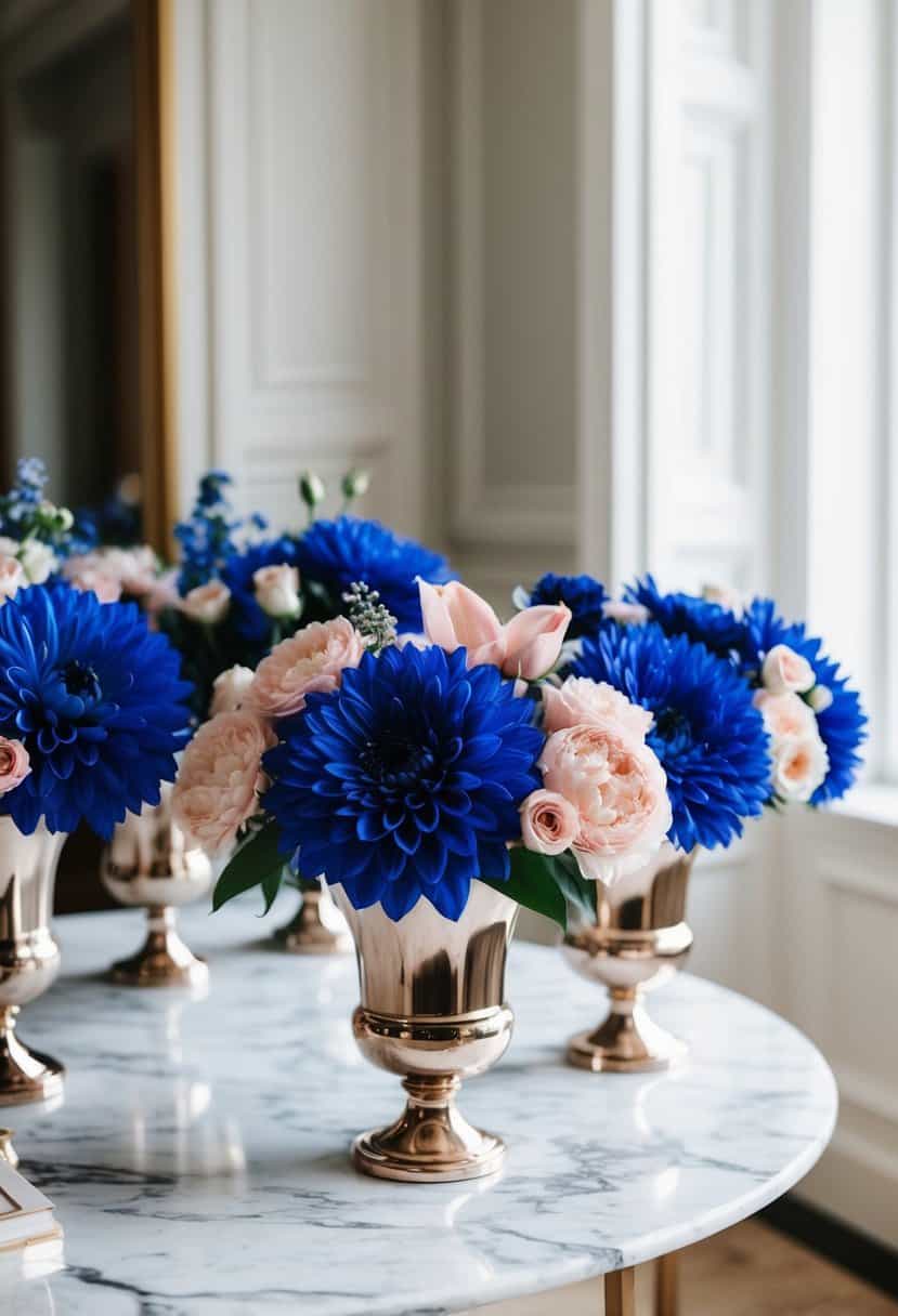 Lush bouquets of royal blue and blush pink flowers arranged in elegant vases on a white marble table