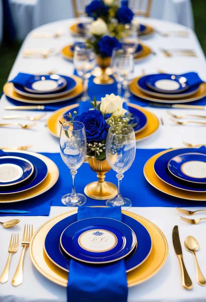 Royal blue and gold place settings arranged on a table with white linens and elegant dinnerware