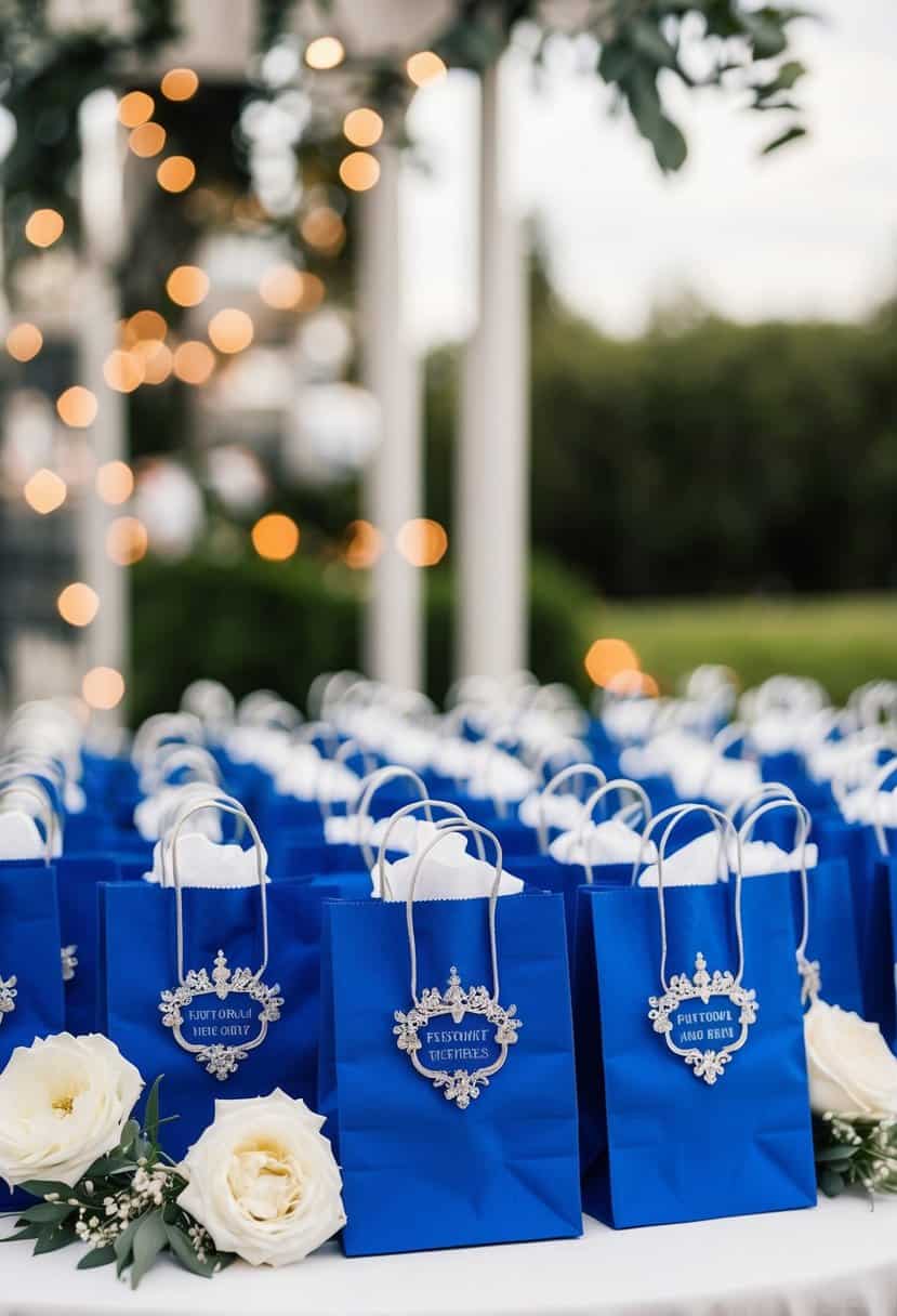 Royal blue wedding favor bags arranged on a table with silver accents and white floral decorations