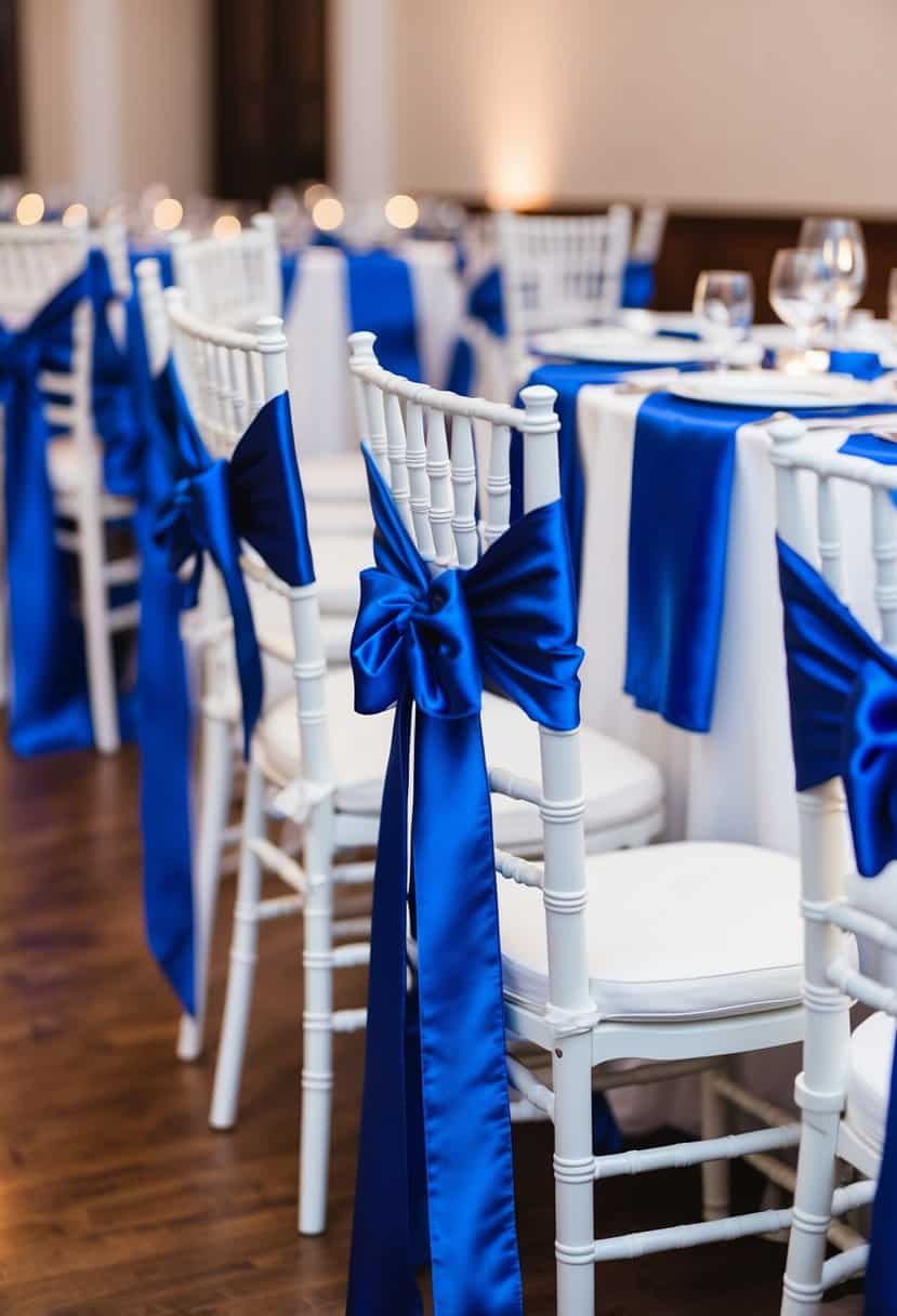 Royal blue satin sashes elegantly draped over white chairs at a wedding reception