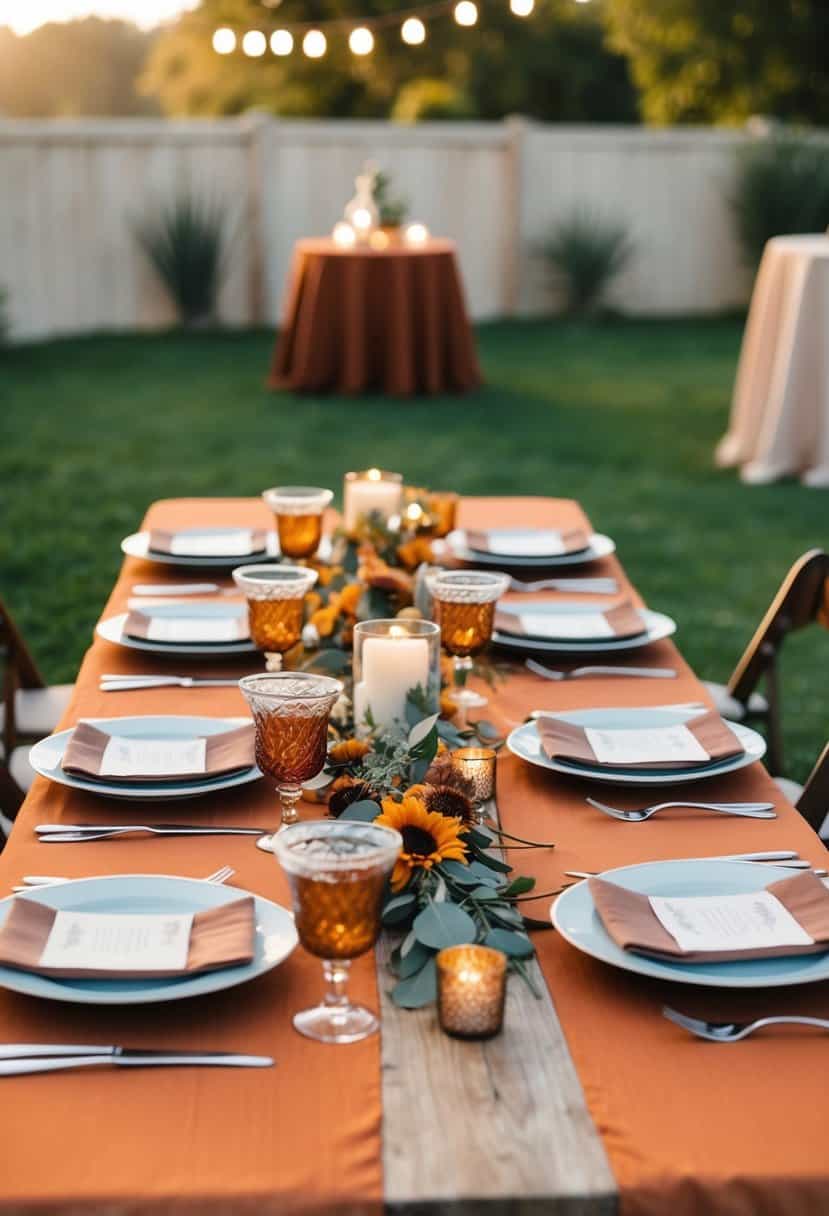 A rustic wedding table set with burnt sienna table runners and earthy decor
