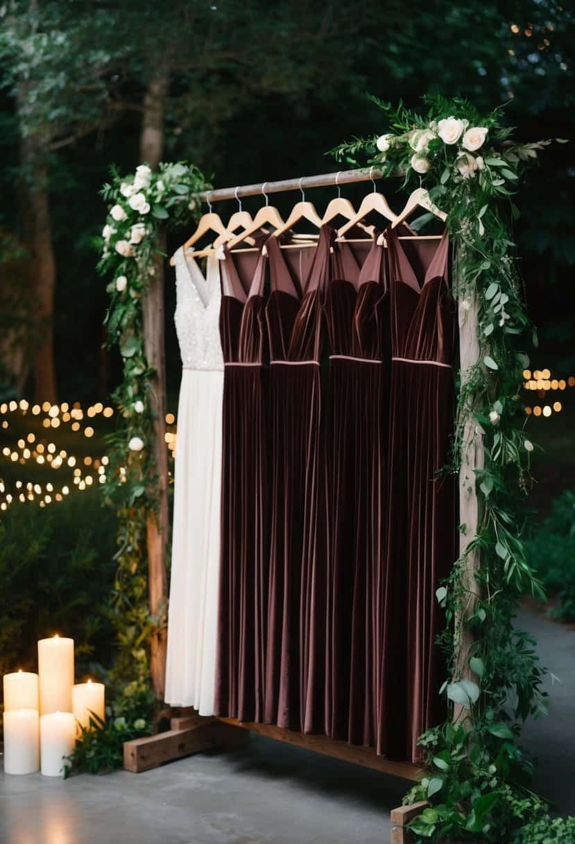 A row of chocolate velvet bridesmaid dresses hanging on a rustic wooden rack, surrounded by lush greenery and soft candlelight